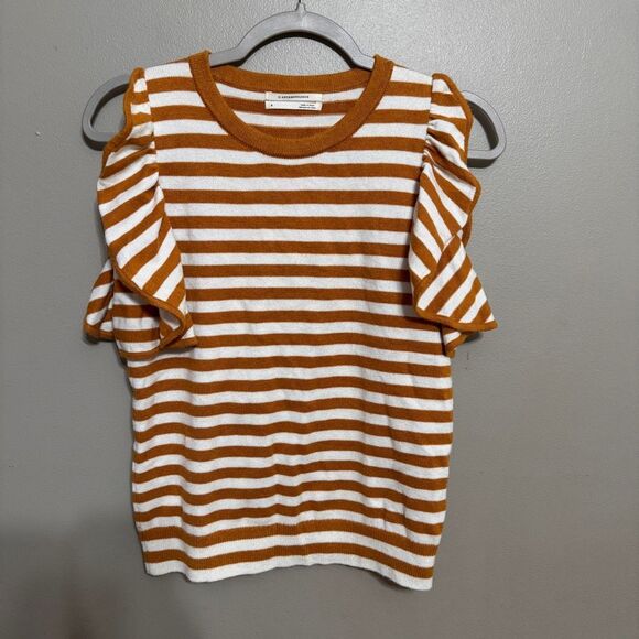 Anthropologie Ruffle Sleeve Sweater Tank gold white size small - Picture 2 of 6